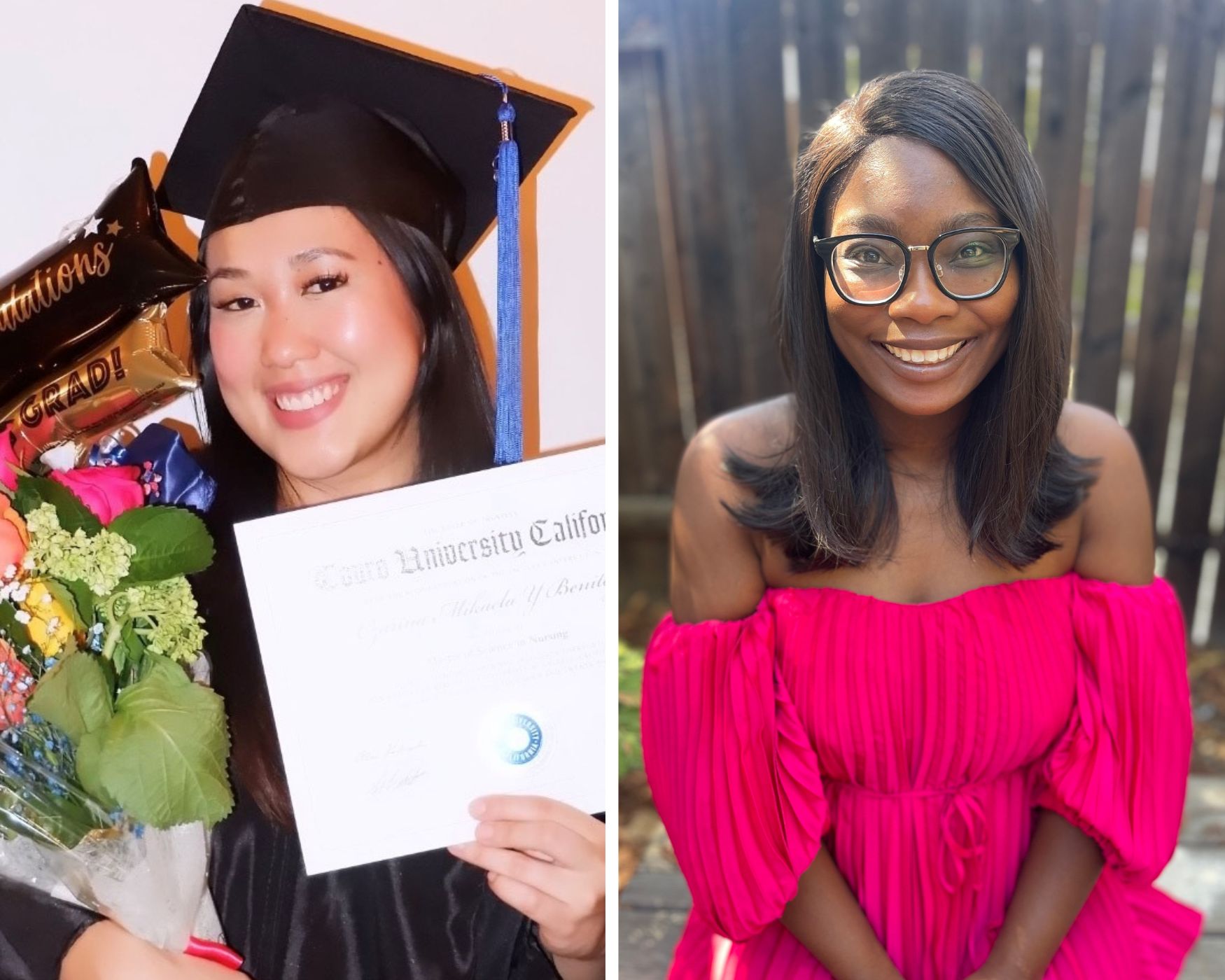 Split image of two people. On the left is Czarina Benitez, a student wearing a black graduation gown holding a diploma and a bouquet of flowers. On the right is Jessica Robertson outside wearing a red dress and glasses with a wooden fence behind her