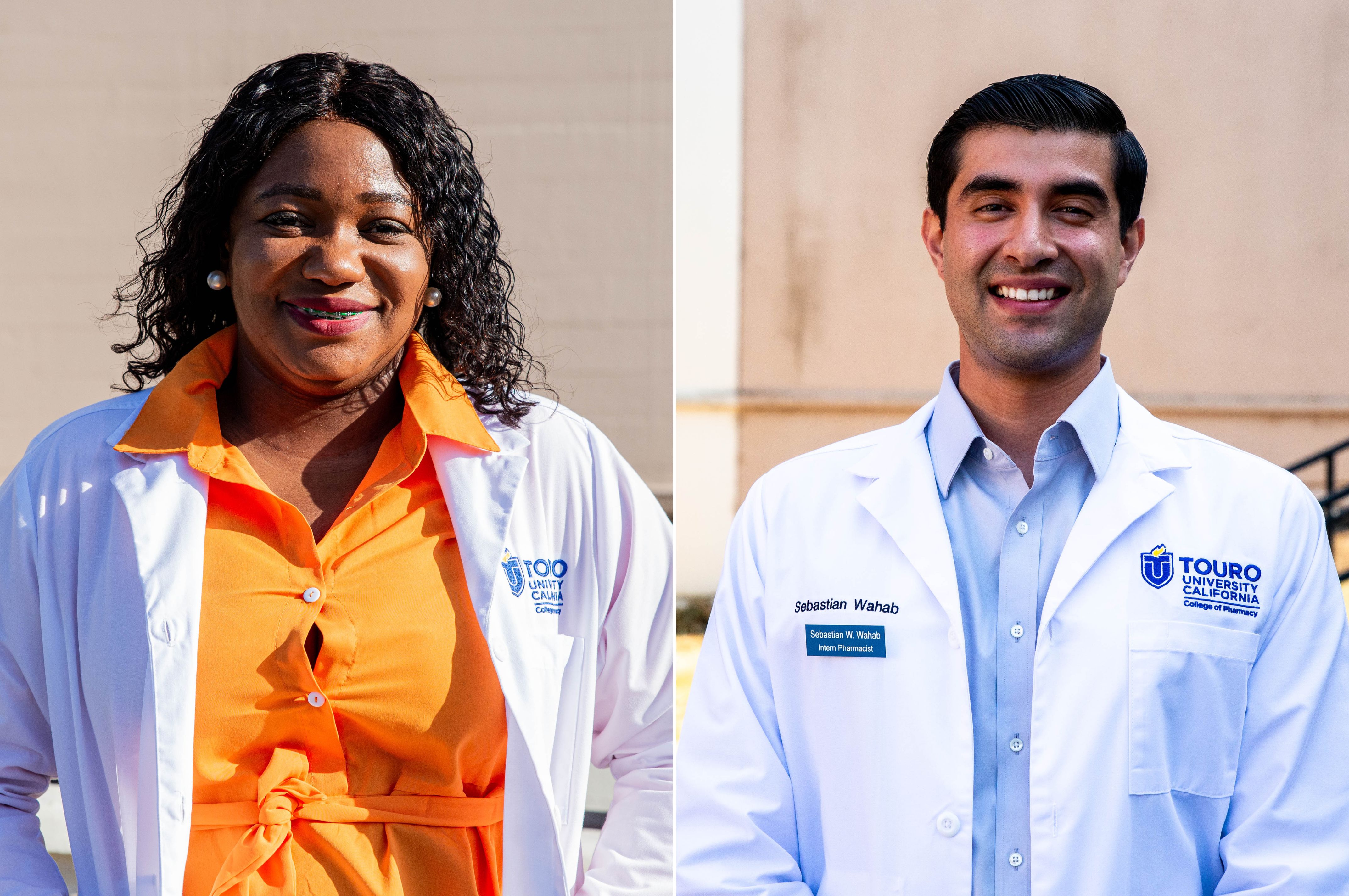 Justine Kabangu on the left wearing a bright orange dress under her pharmacists white coat and Sebastian Wahab on the right wearing a light blue button up shirt under his pharmacists white coat