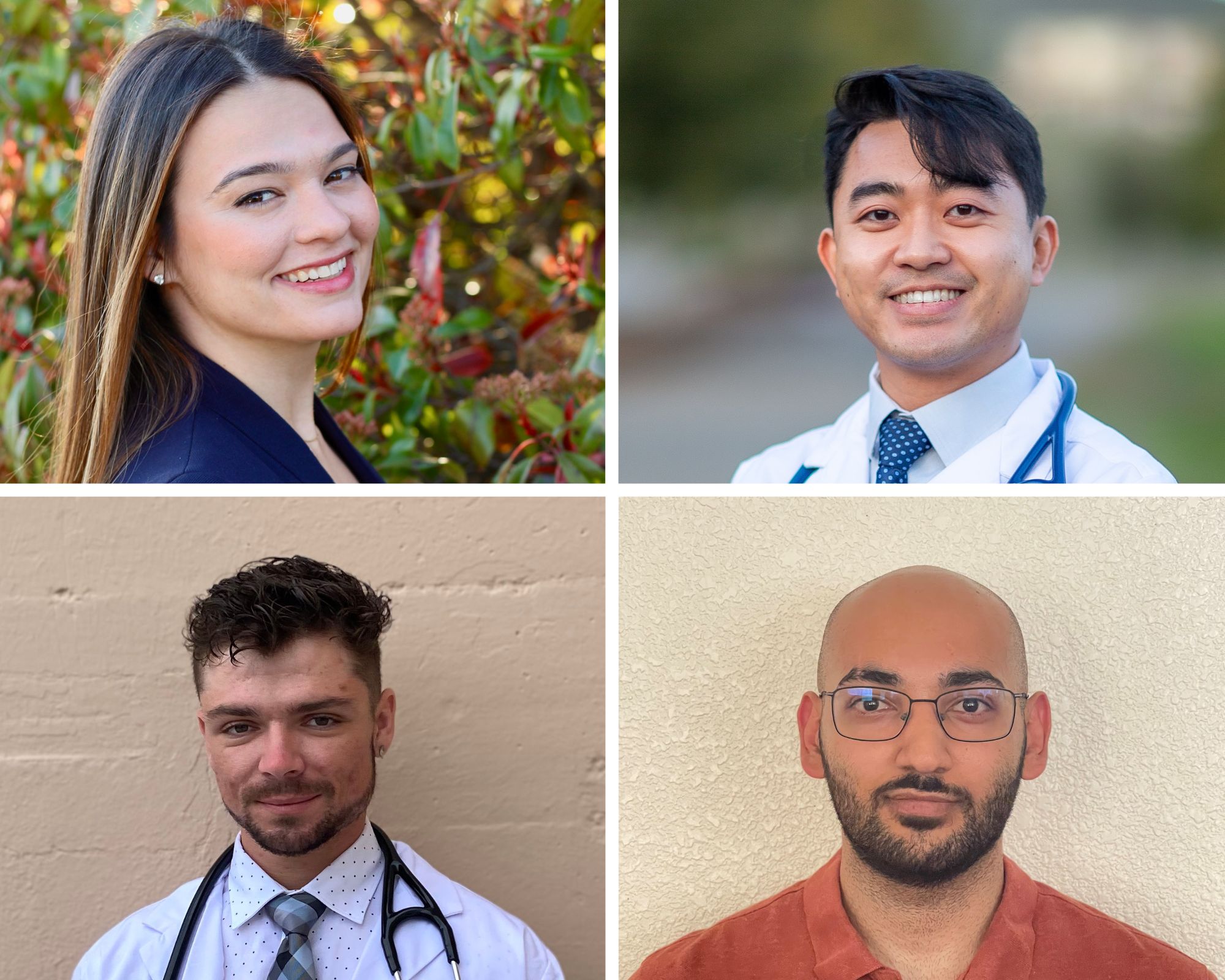 Four photos in a grid of student doctors: clockwise from top left: Jeannette Ilyev , Henry Dihn , Abraham Karimi, Joseph Siprut 