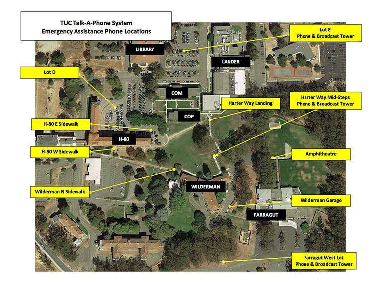 map showing talk a phone locations on the TUC campus