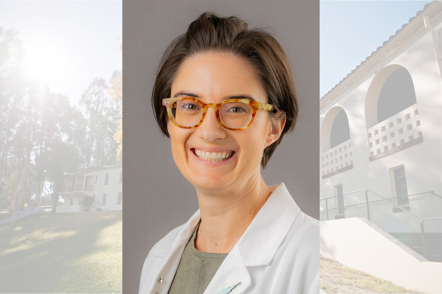 A composite photo shows Dr. Keri Hurley-Kim against a backdrop of Wilderman Hall on the Touro University California campus. The photo of Dr. Hurley-Kim is a copyrighted image from Christopher Todd Studios Inc. and is used with permission.