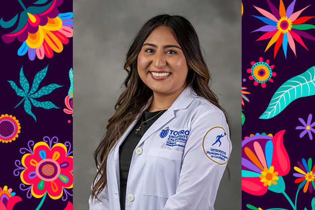 Headshot of Student Doctor Itzel Maldonado in white coat on a Hispanic Heritage Month themed background