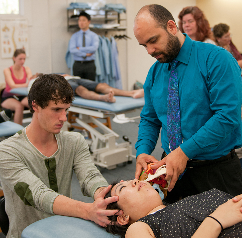 A student-doctor practices OMT on another student while a professor demonstrates with an anatomical model.