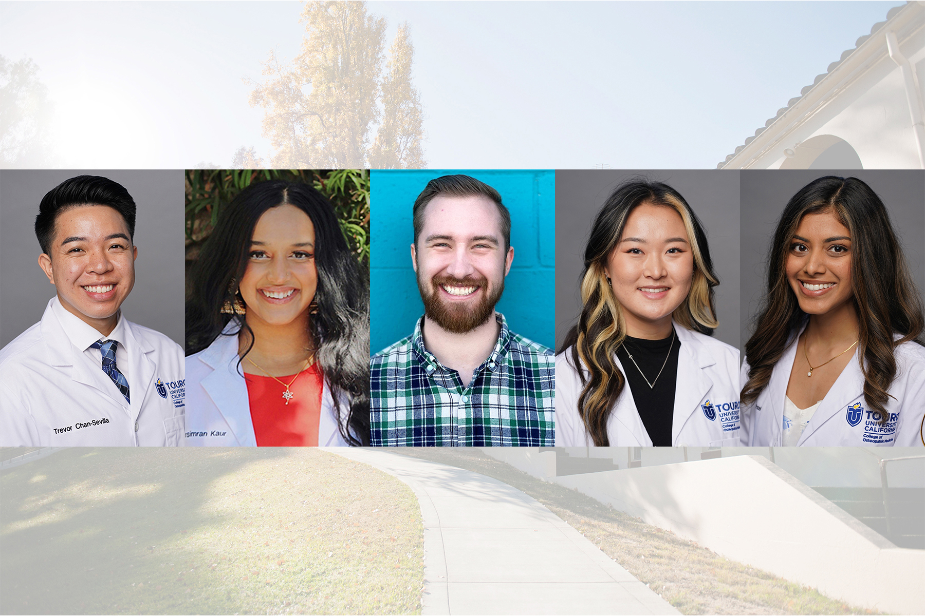 A composite image shows Touro University California MSMHS alums and members of the 2024 Student Government Association against a backdrop of Wilderman Hall on campus. Those shown are, left to right, Trevor Chan-Sevilla, Harsimran Kaur, Devin Bruce, Phebe Chang, and Sonya Patel.