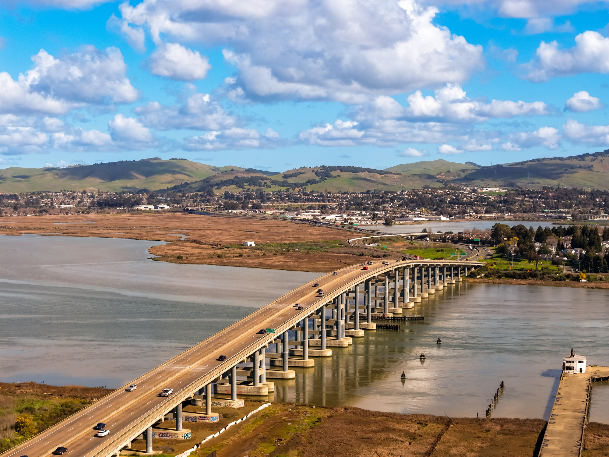 Aerial View of Highway 37 Bridge Over Vallejo Marshes, California